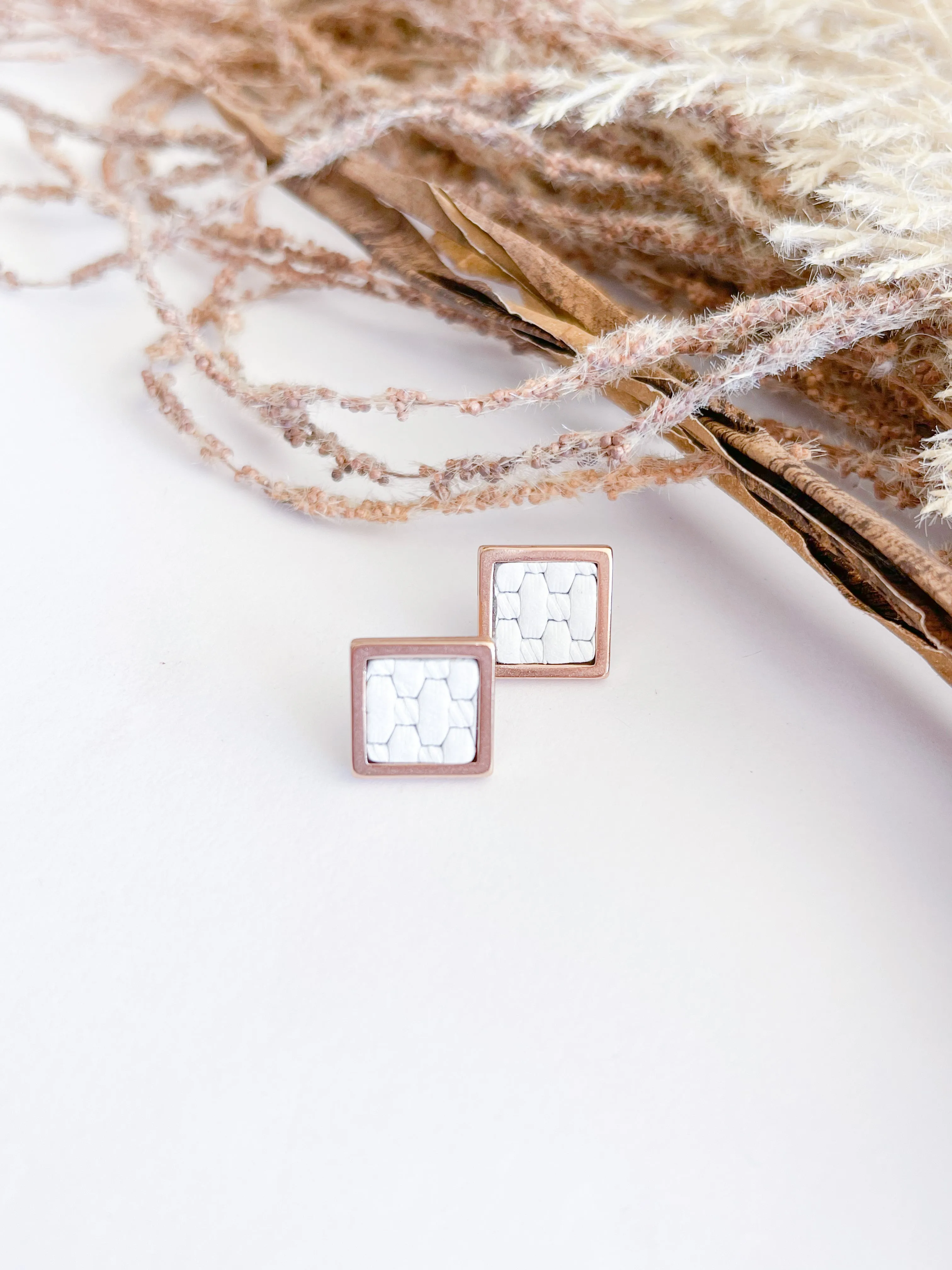 White Woven Square Bezel Studs