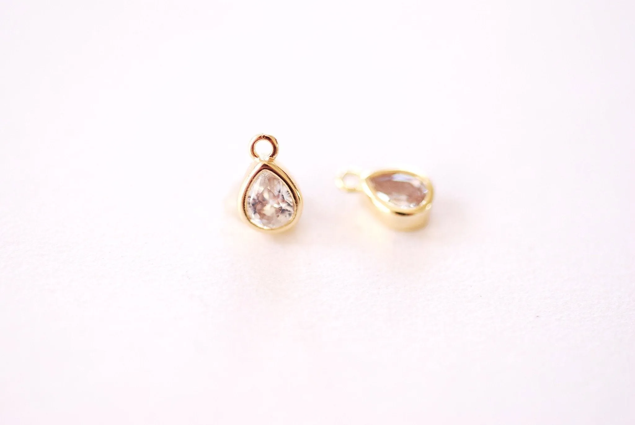 Wholesale Clear TearDrop  Bezel Cubic Zirconia Charm - 16k Gold Plated over Brass CZ Bezel Teardrop Earring Finding HarperCrown Bulk Charms B152